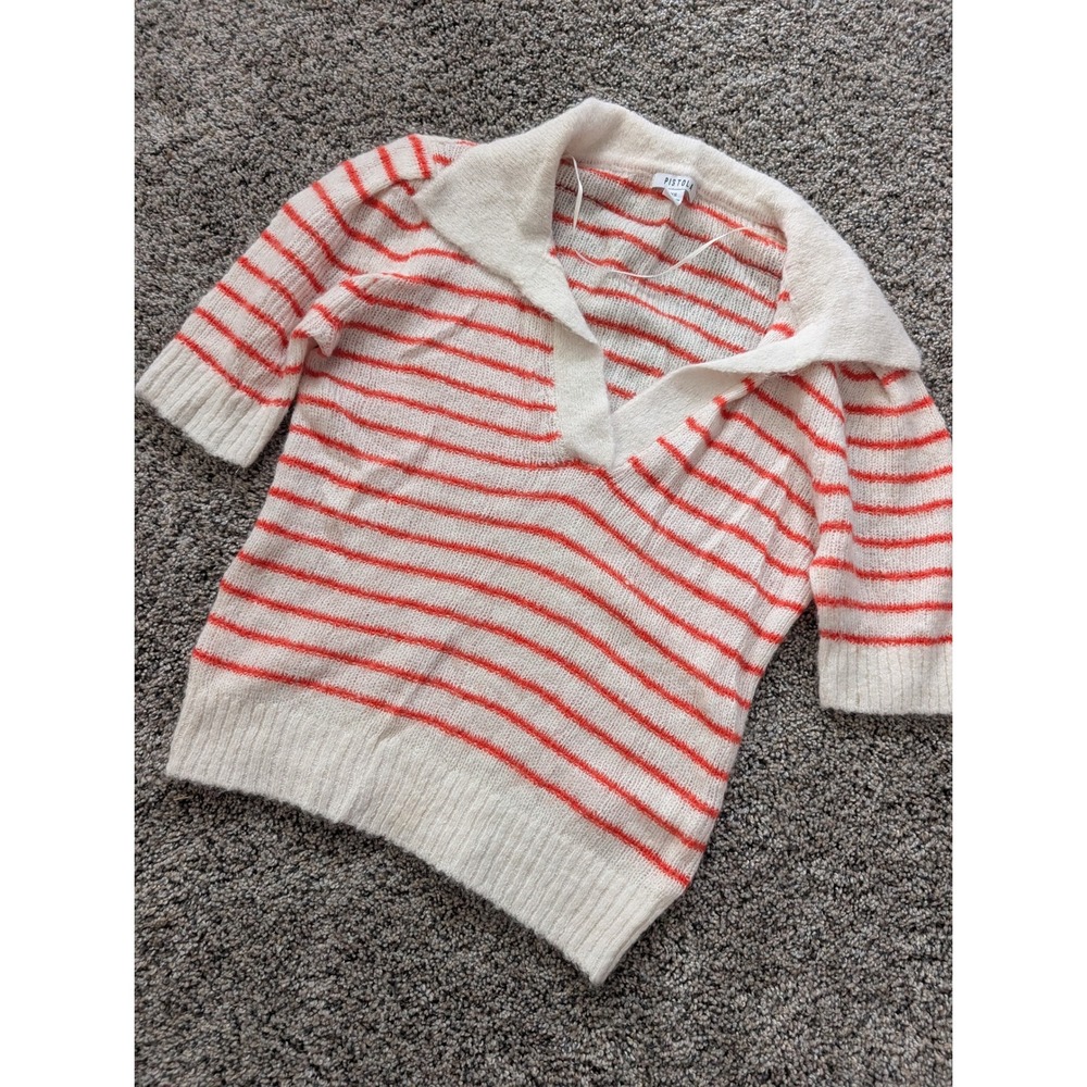 Pistola Women's XS Cream Orange Stripe Mohair Wool Blend V-Neck Sweater Top